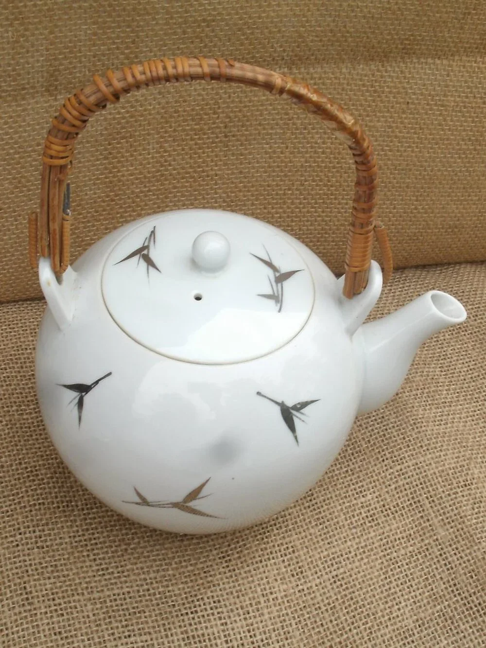 Vintage Otagiri Brushstroke Bamboo Teapot Rattan Handle